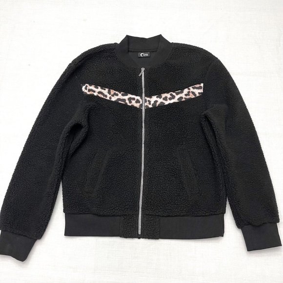 Zyia Black Leopard Flying V Fleece Jacket Size Medium - Picture 1 of 5